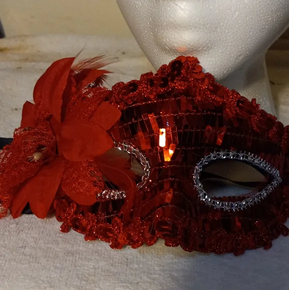 New,red sequin masquerade mask, side design flower detail. material is plastic. - Picture 2 of 3